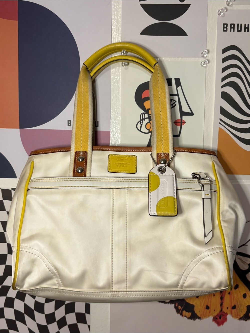 Vintage Coach White & Yellow Leatherware Satchel Tote